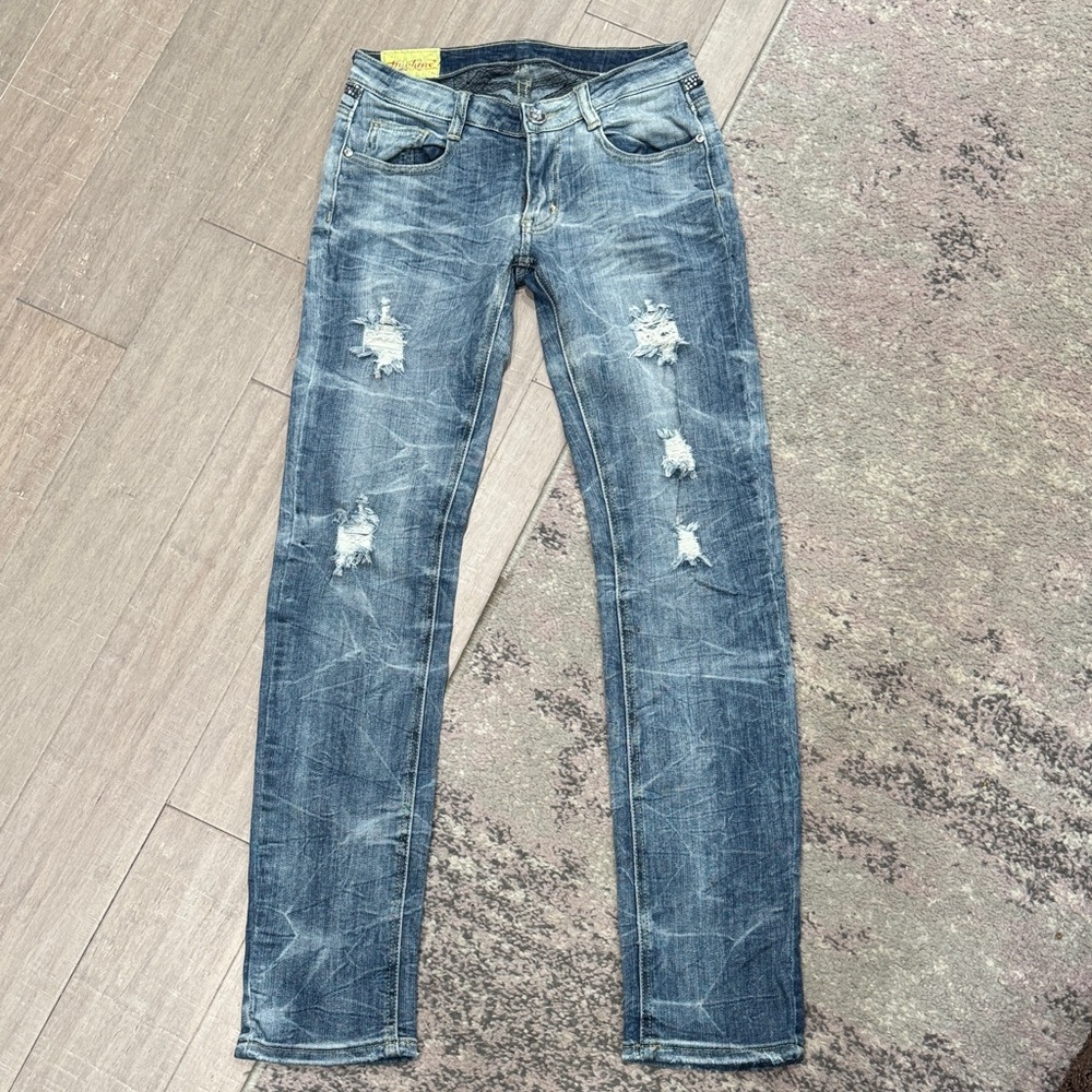 Machine Women’s Distressed Destroyed Denim Bedazzled Straight Leg Jeans Sz 7